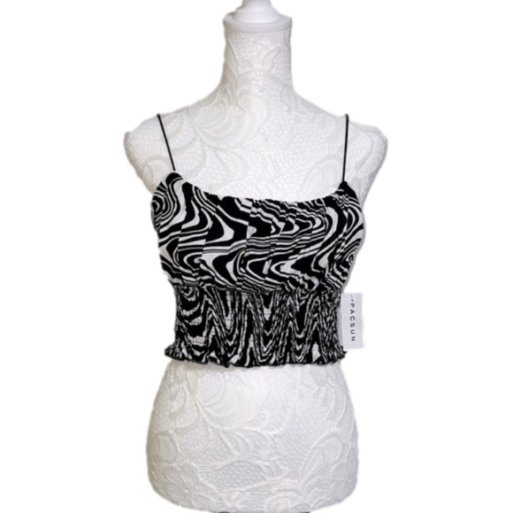 PacSun Black & White Wavy Pattern Pleat Bust Smocked Crop Tank Top - XSmall, NWT - Picture 1 of 9